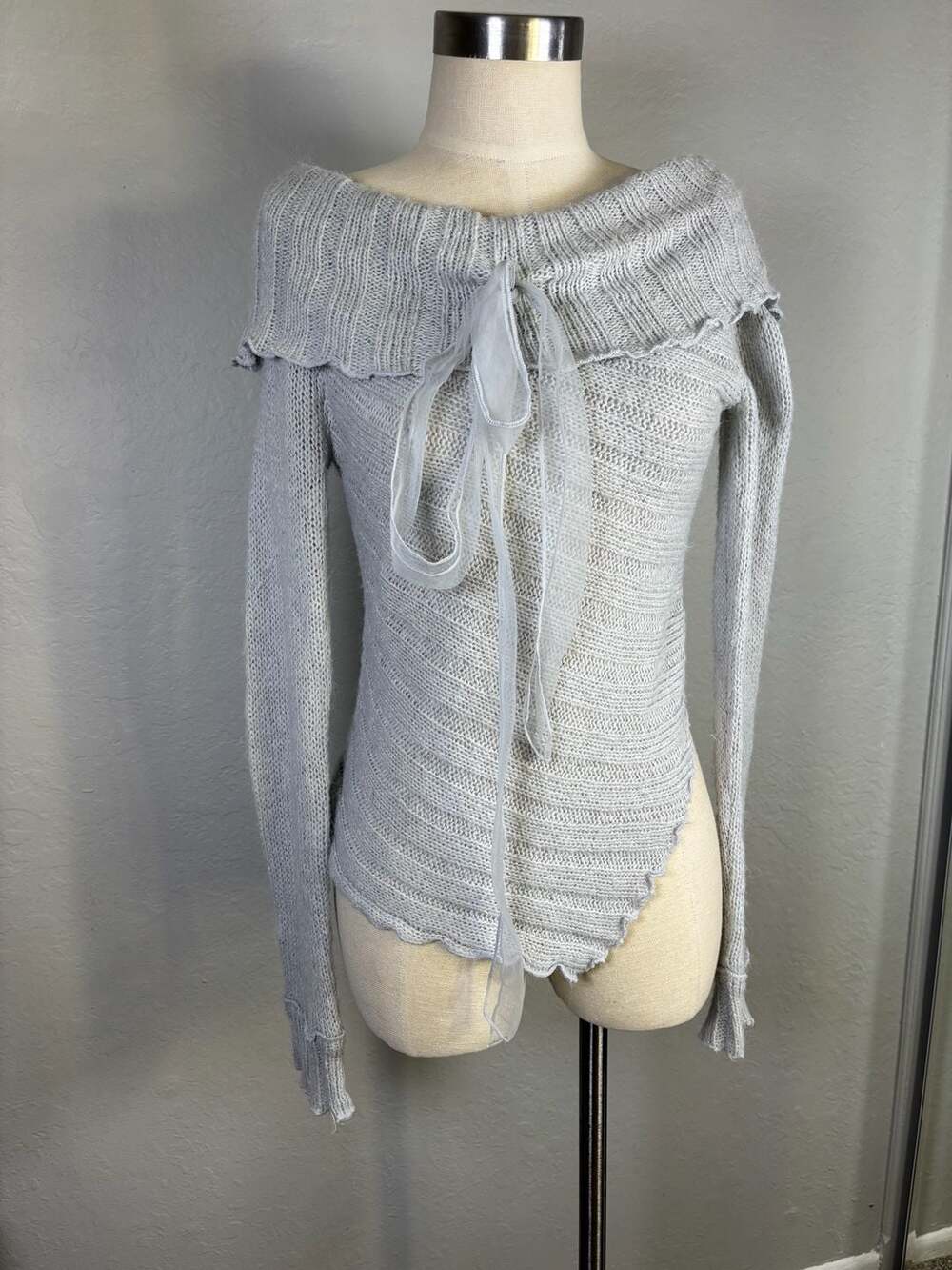 Kimchi Blue Off-The-Shoulder Foldover Ribbed Knit Sweater with Sheer Bow